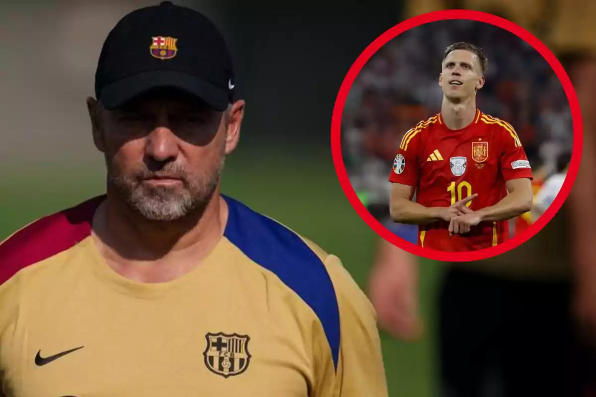 Un hombre con gorra y camiseta del FC Barcelona, con una imagen circular de un jugador de fútbol de la selección española en la esquina superior derecha.