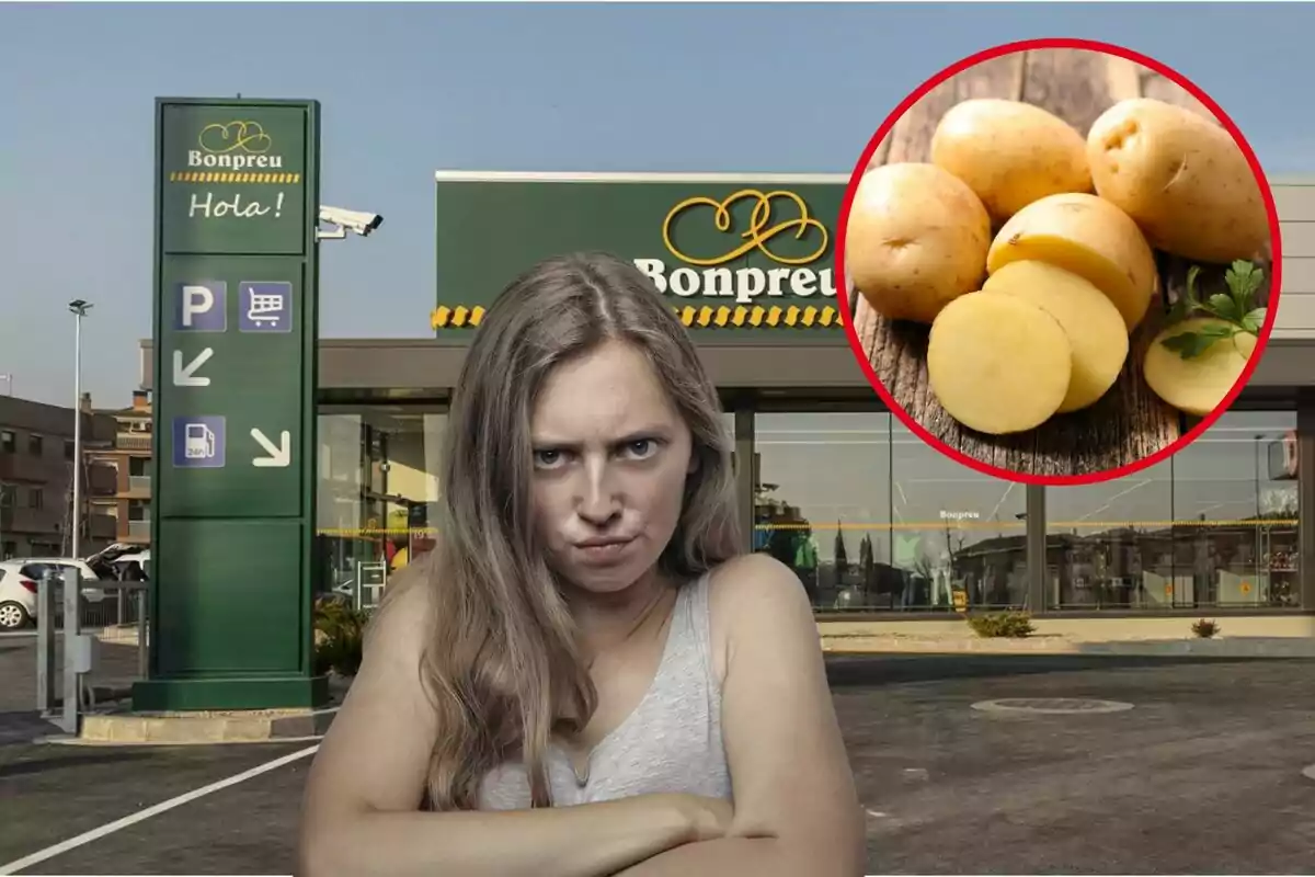 Una dona amb expressió molesta està davant d'un supermercat Bonpreu, amb una imatge de papes en un cercle vermell a la cantonada superior dreta.