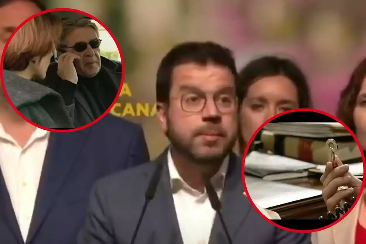 Un hombre con gafas y barba está hablando en un podio, mientras dos imágenes circulares insertadas muestran a una persona hablando por teléfono y una mano sosteniendo una llave.