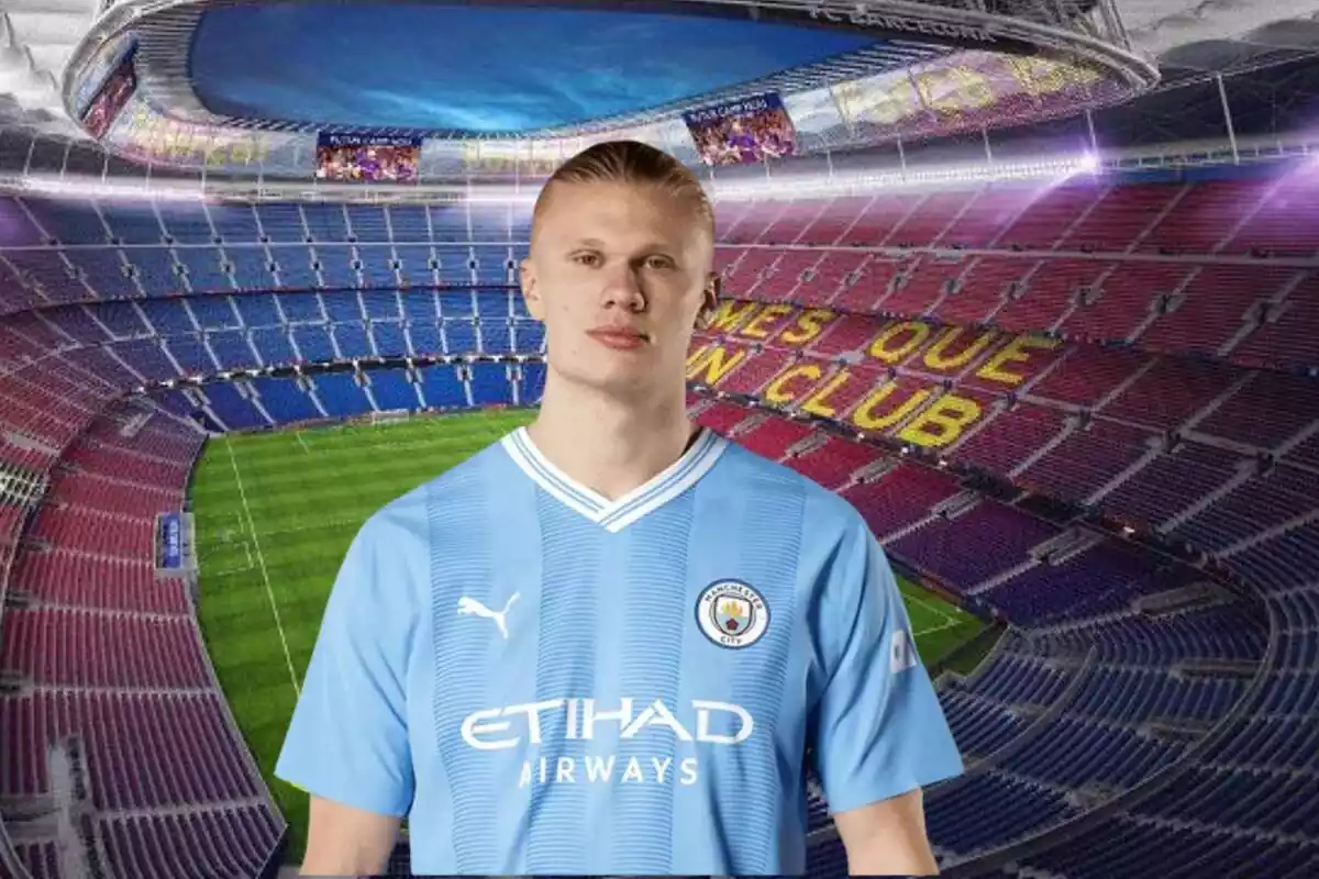 Muntatge amb el Camp Nou de fons i al centre la foto d'Erling Haaland amb la samarreta del Manchester City