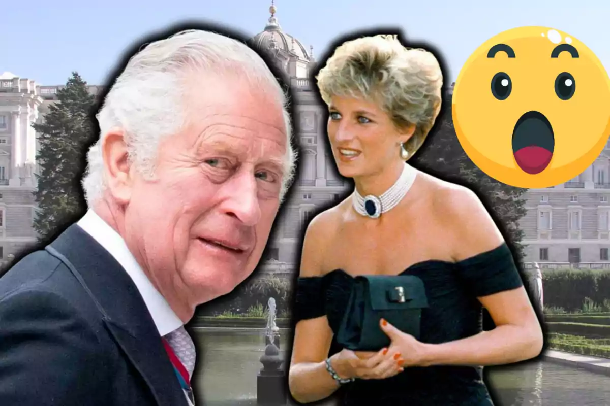 Un home gran i una dona rossa elegantment vestida apareixen davant d’un edifici històric amb un emoji de sorpresa a la cantonada superior dreta