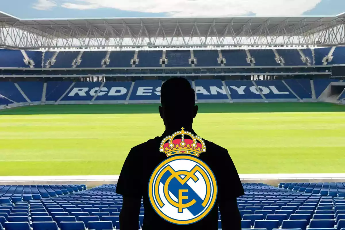 Muntatge amb l'Stage Front Stadium i una ombra negra al centre amb l'escut del Reial Madrid