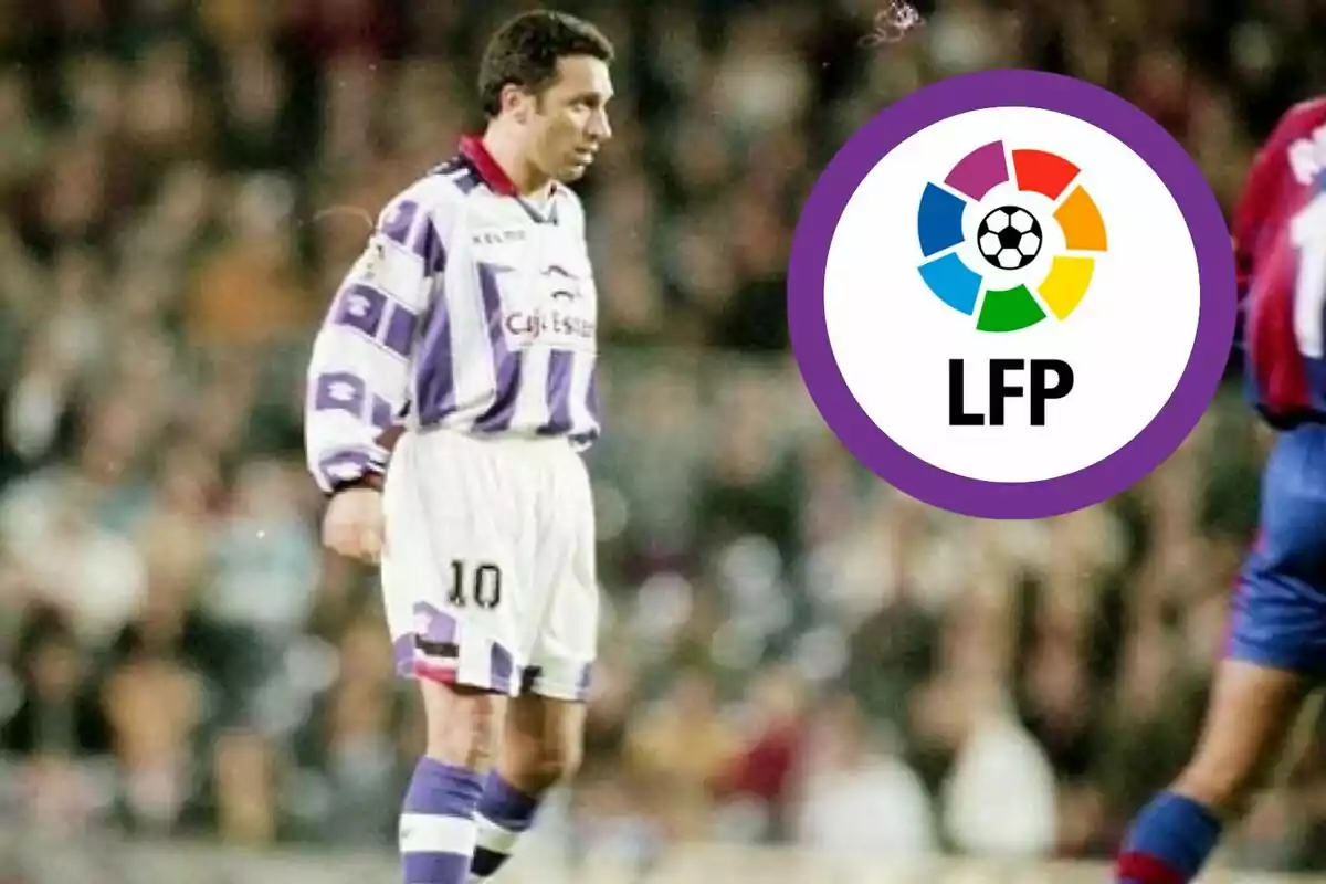 Un jugador de futbol amb l'uniforme del Reial Valladolid, amb el número 10, és al camp durant un partit. A la dreta de la imatge, hi ha el logotip de la Lliga de Futbol Professional (LFP) d'Espanya. El fons mostra altres jugadors i espectadors desenfocats.