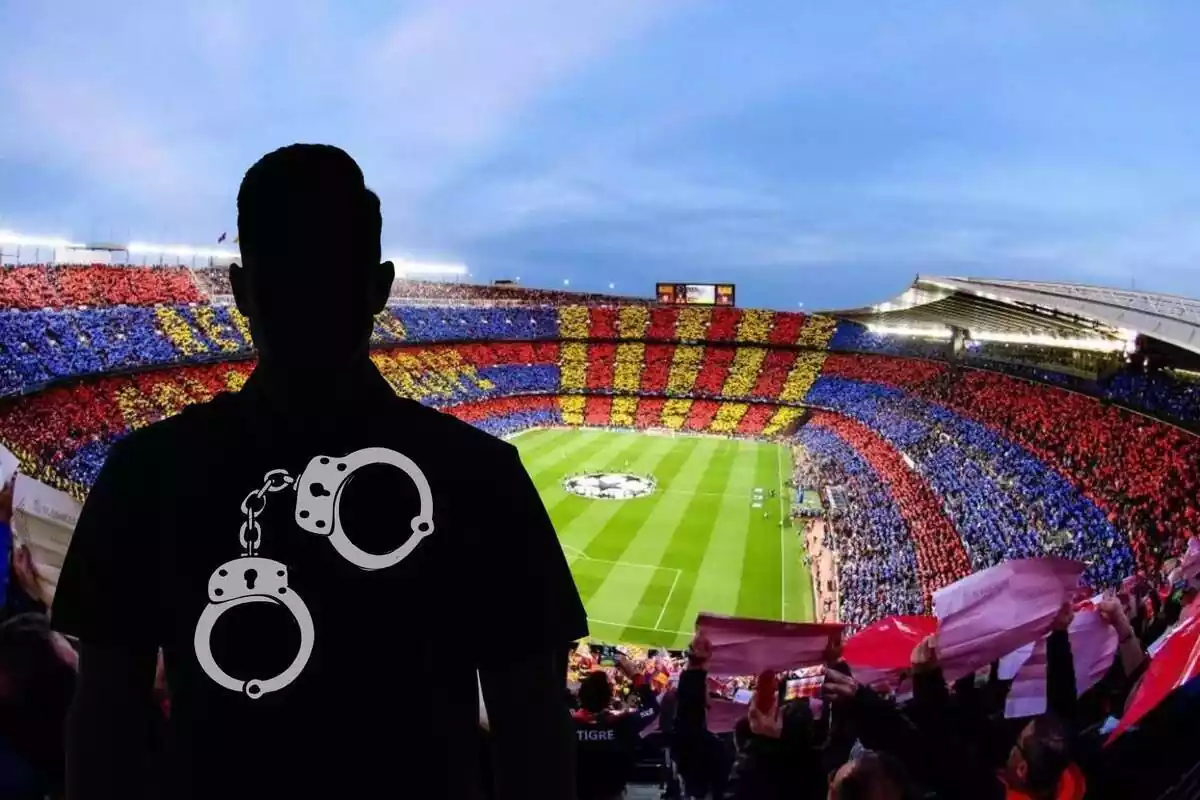 Muntatge amb una imatge del Camp Nou de fons. En primer terme una ombra negra d'home amb unes esposes a dins
