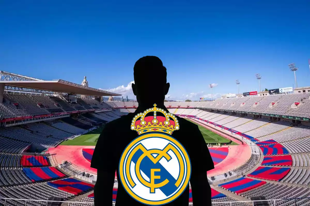 Muntatge amb l'estadi Lluís Companys i una ombra negra al centre amb l'escut del Reial Madrid