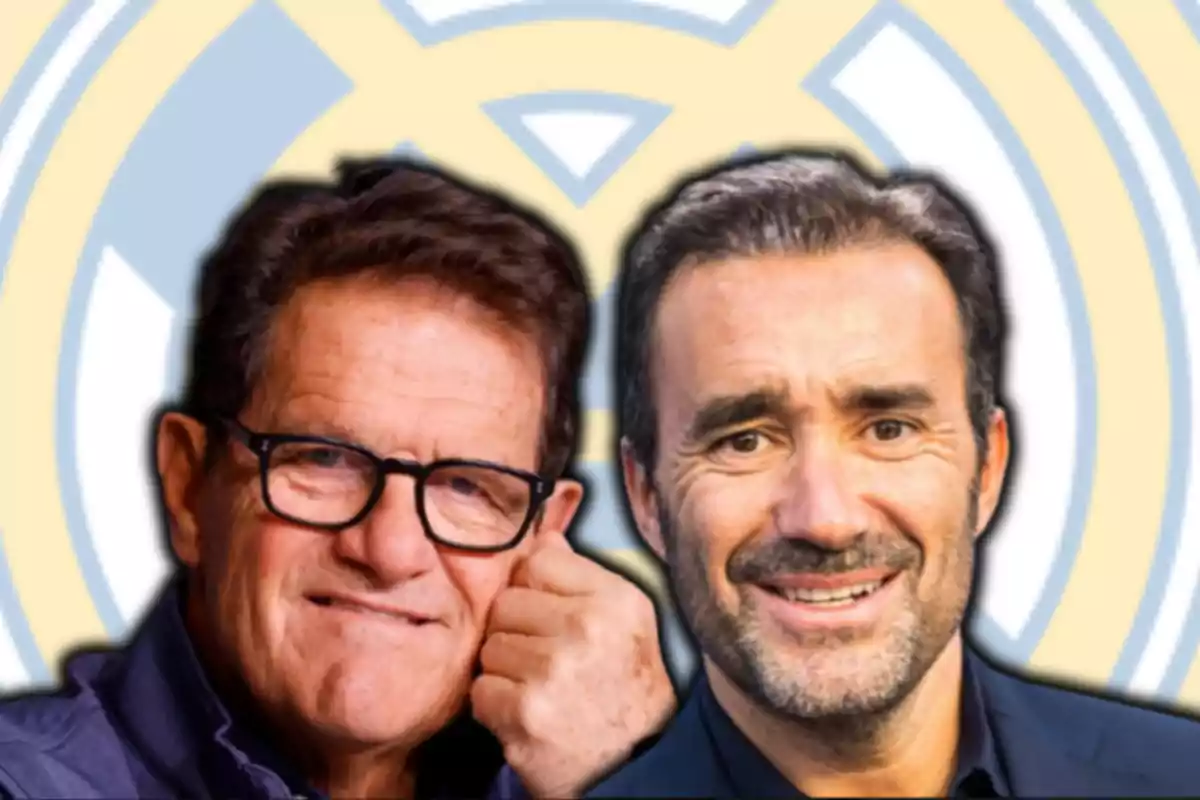 Fabio Capello i Juanma Castaño amb l'escut del Reial Madrid de fons