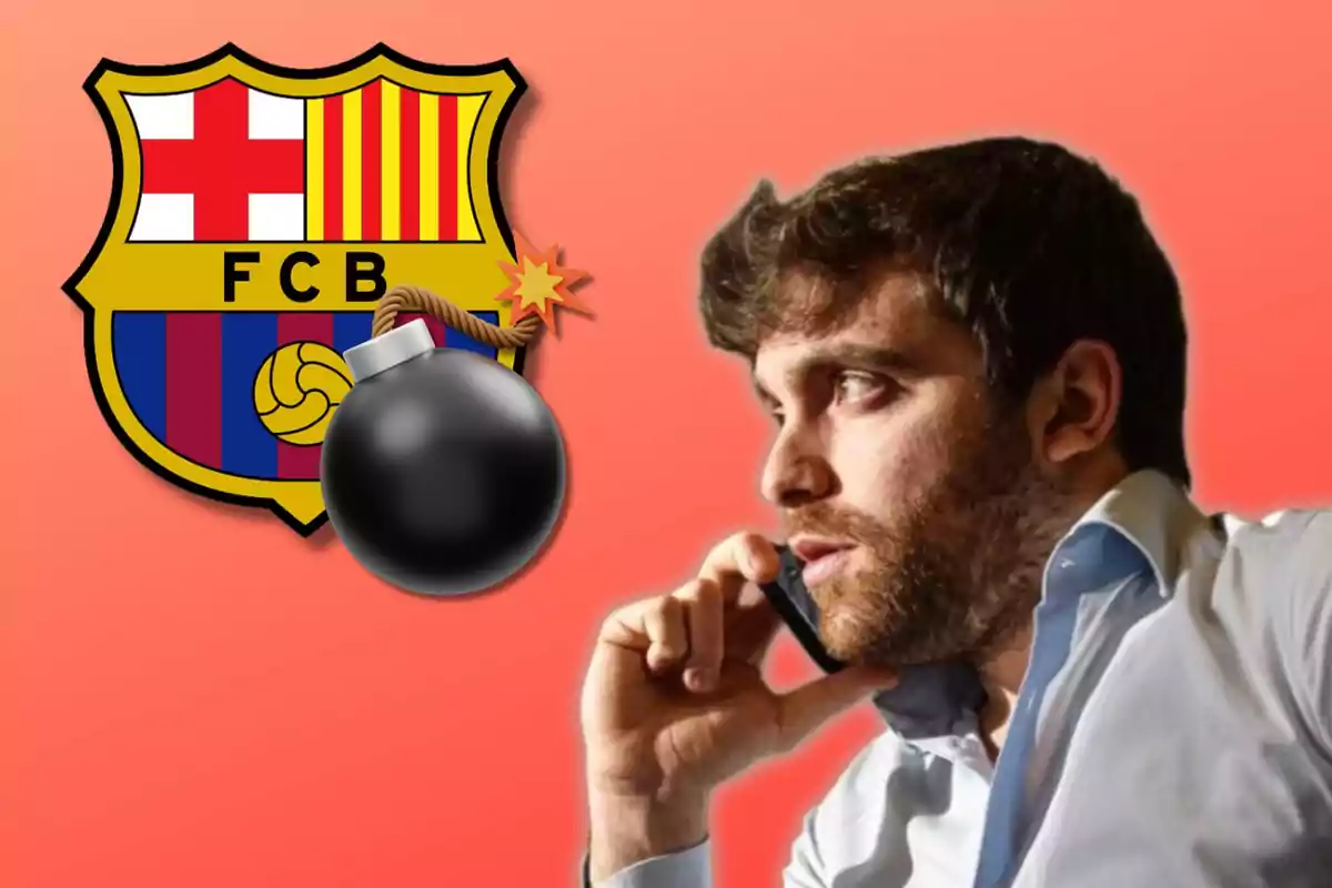 Hombre hablando por teléfono con el logo del FC Barcelona y una bomba en el fondo.