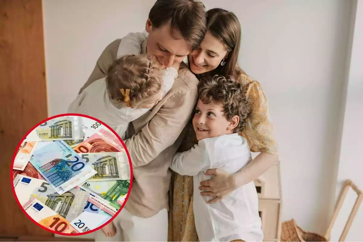 Muntatge amb una imatge d'una família abraçant-se ia la cantonada inferior esquerra, dins d'un cercle, diversos bitllets de diferents quantitats d'euro