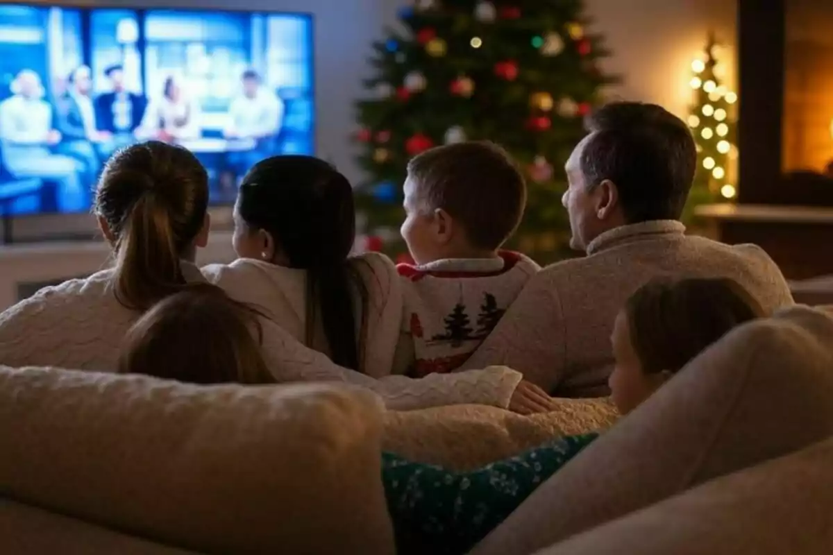 Una familia sentada en un sofá viendo televisión con un árbol de Navidad decorado al fondo.