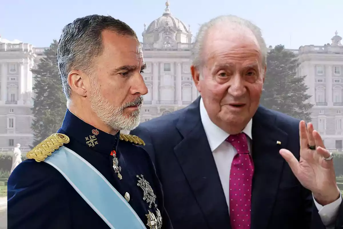 Dos homes d’edat madura, un amb uniforme militar i l’altre amb vestit i corbata, posen davant d’un edifici històric de fons.