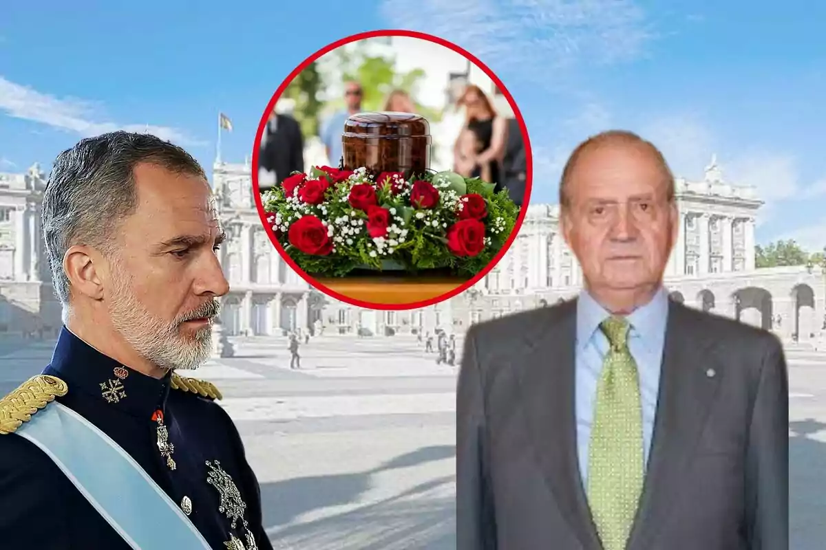 Dos hombres posan frente a un edificio histórico, con una imagen circular en el centro que muestra una urna funeraria rodeada de flores rojas.