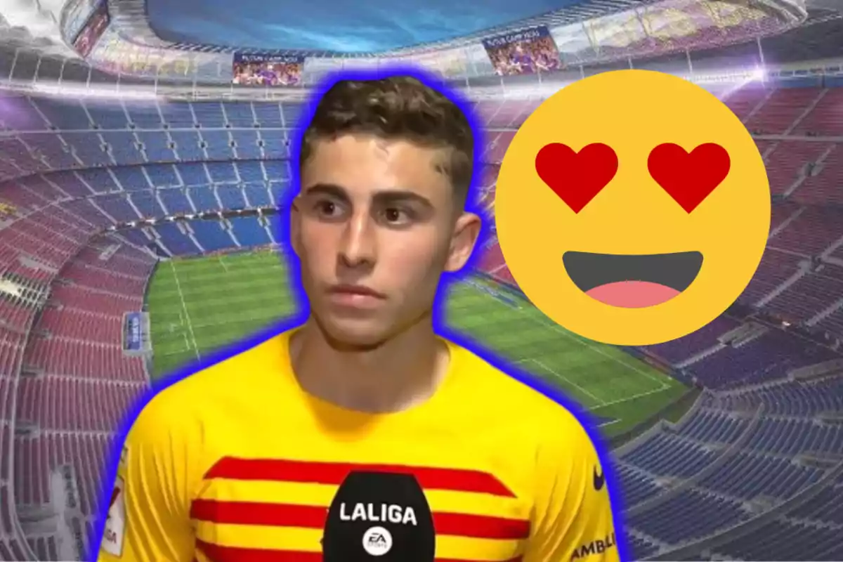 Un jugador de futbol amb una samarreta groga i vermella està davant d'un estadi buit, amb un emoji d'ulls de cor superposat.