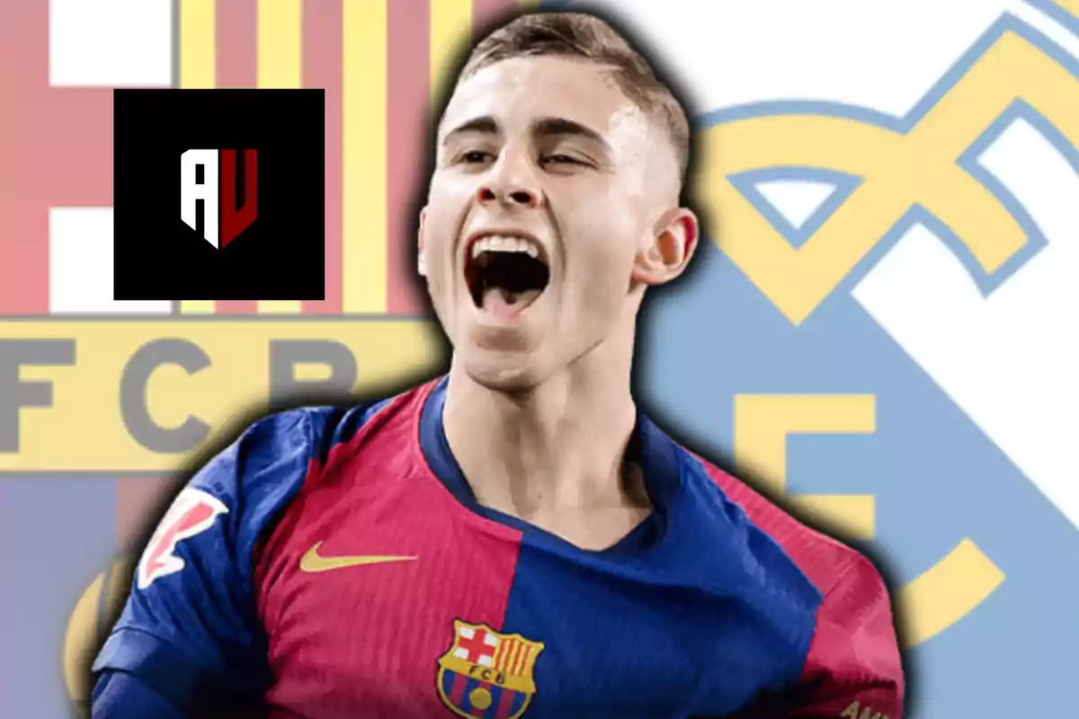 Fermín López i els escuts de Barça i Reial Madrid, a més del logotip d'Arxiu VAR.