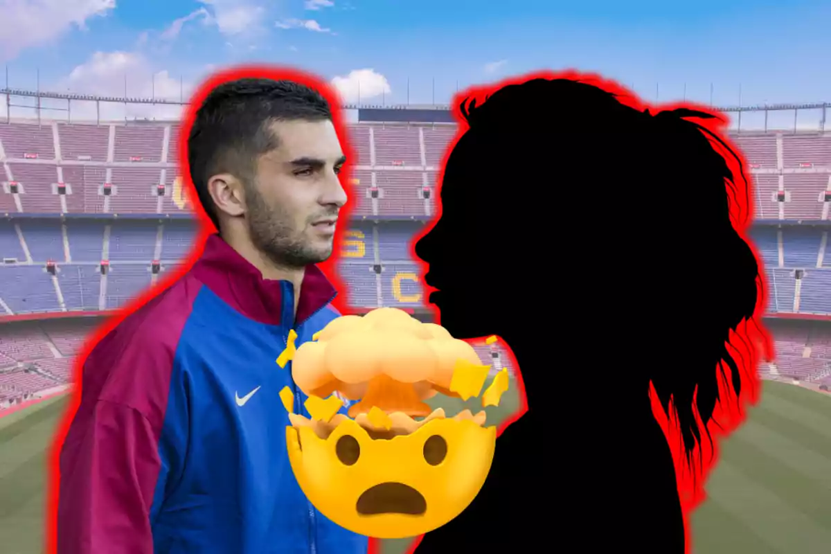 Un futbolista amb jaqueta blava i grana mira cap a la silueta negra d’una persona amb cabell llarg en un estadi buit, tots dos ressaltats amb una vora vermella i un emoji de cap explotant al centre.