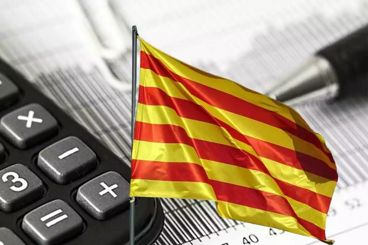 Bandera de Catalunya juntament amb una calculadora i un bolígraf sobre un document financer.