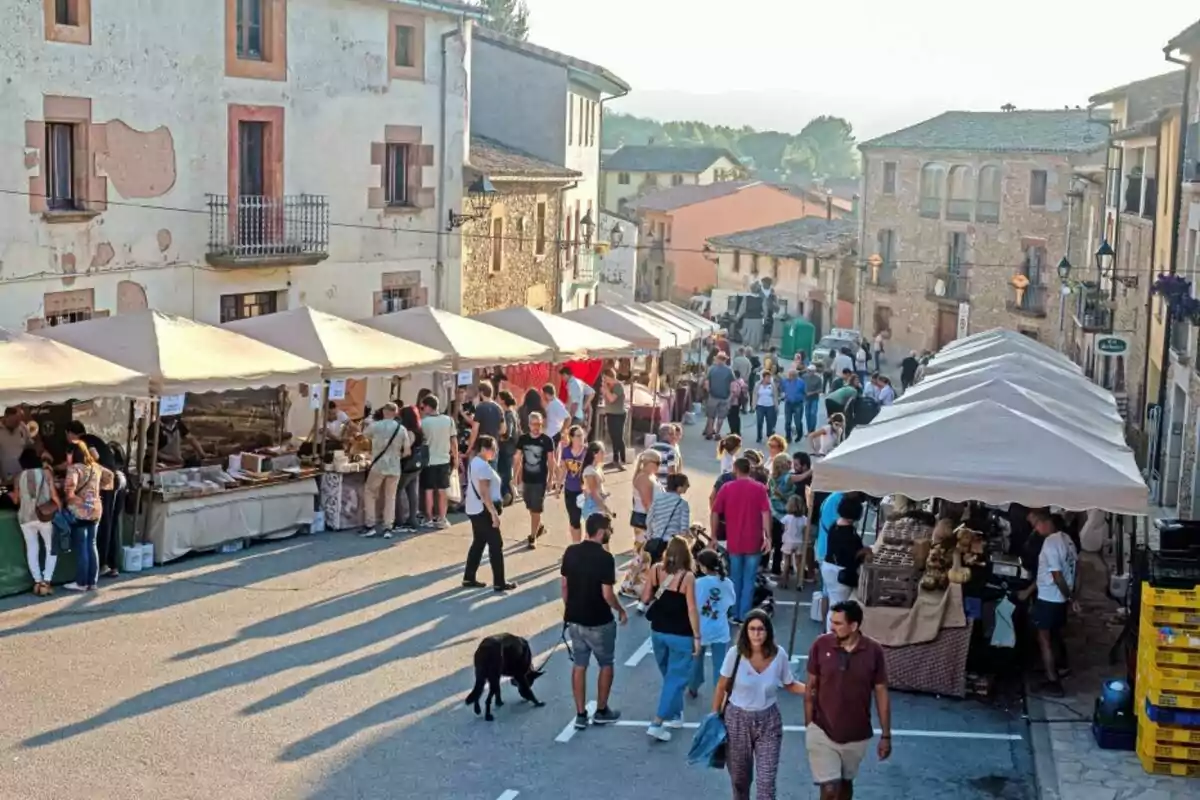 Un carrer concorregut amb parades de mercat a l'aire lliure i persones passejant.