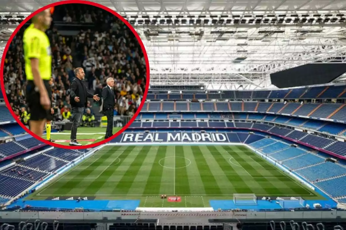 Vista del estadio del Real Madrid con un recuadro que muestra a personas en el campo durante un partido.