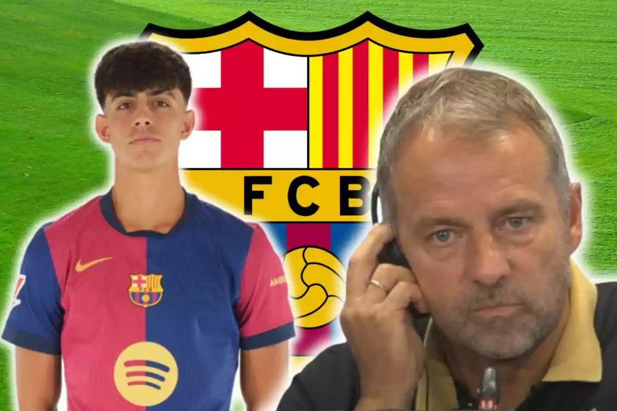 Un jove futbolista amb la samarreta del FC Barcelona i un home gran amb auriculars, amb l?escut del club de fons.