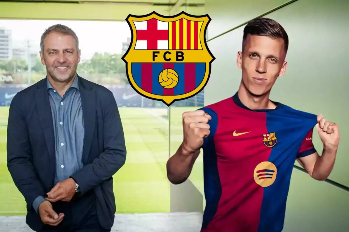 Dos homes posen al costat de l'escut del FC Barcelona, un amb vestit i l'altre amb la samarreta de l'equip.