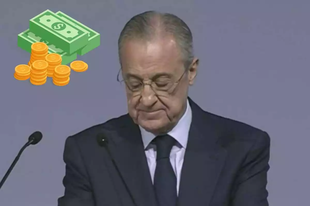 Muntatge amb una imatge de Florentino Pérez en primer terme i una emoticona amb diners