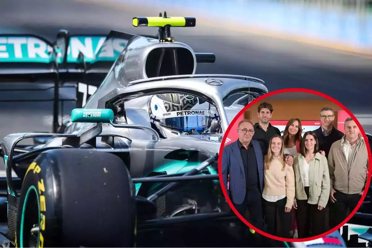 Muntatge amb imatge d'un cotxe de Fórmula 1 ia la dreta, dins d'un cercle, periodistes del 3cat