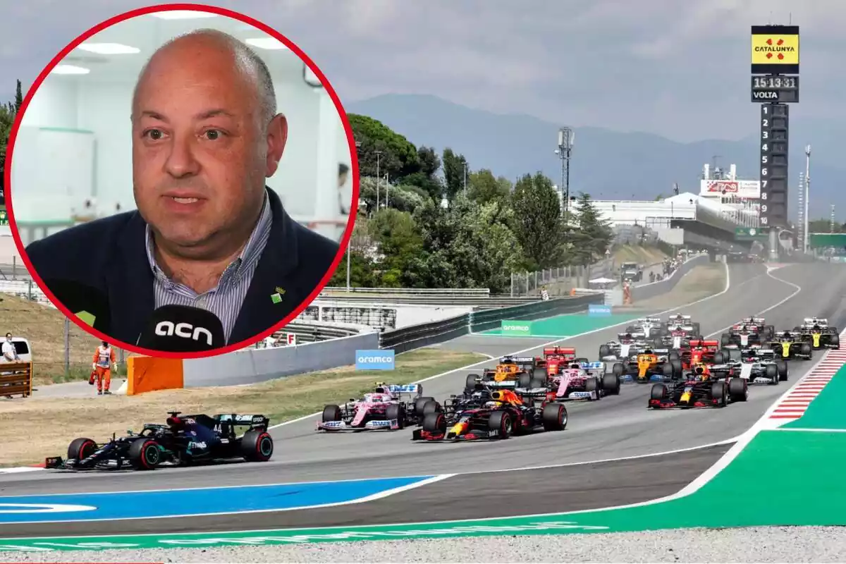 Muntatge amb una imatge de cotxes de F1 a Montmeló ia la cantonada superior esquerra, dins d'un cercle, Pere Rodríguez