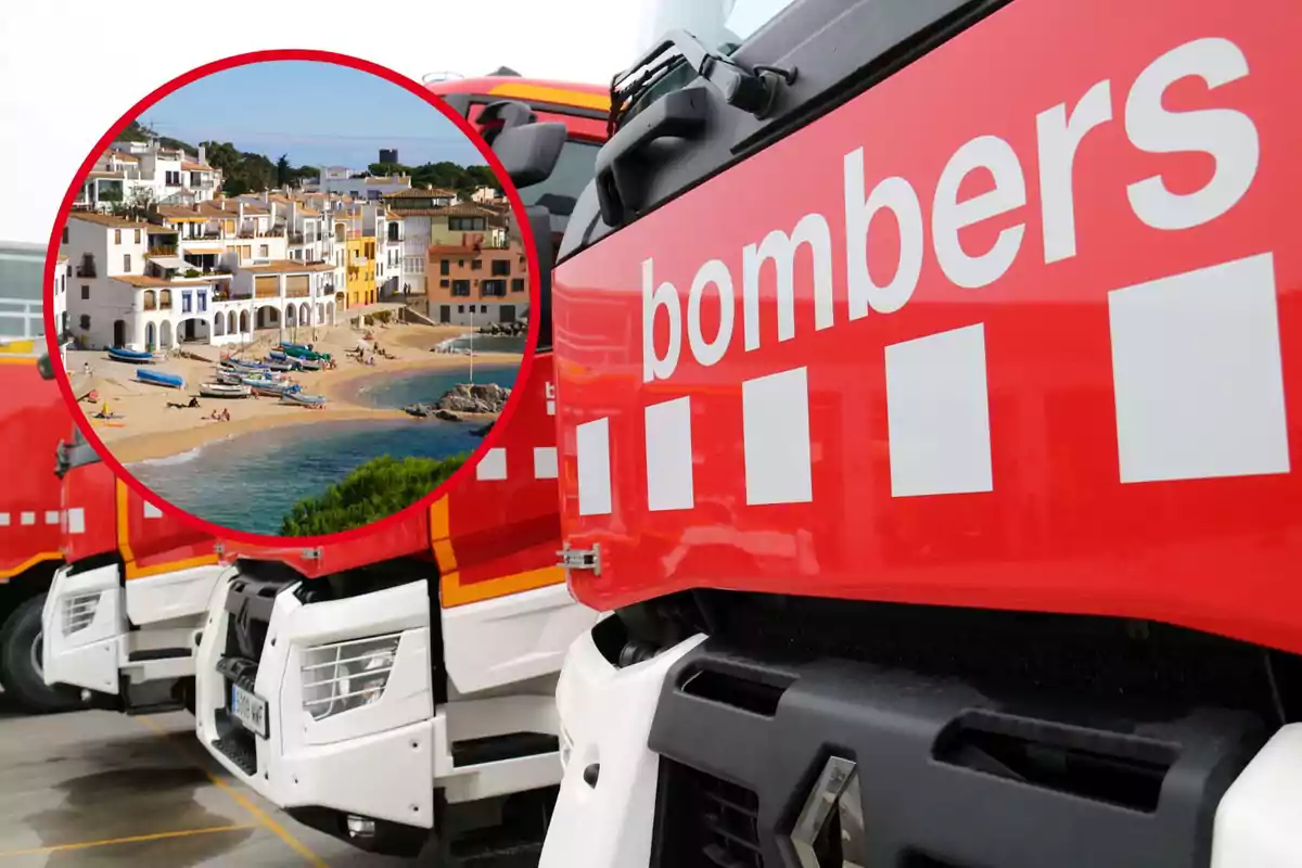 Camions de bombers amb una imatge d'una platja i cases al centre.