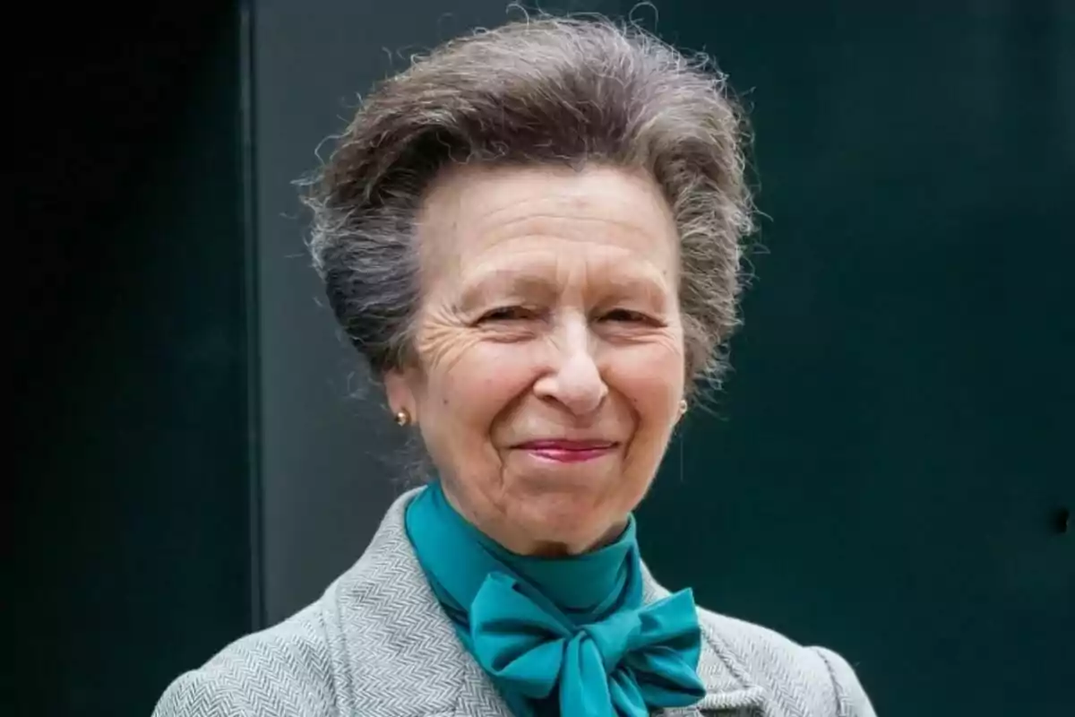 Princess Anne with gray hair and voluminous hairstyle, wearing a gray coat and a blue scarf with a bow, smiling in front of a dark background. Princess Anne with gray hair and voluminous hairstyle, wearing a gray coat and a blue scarf with a bow, smiling in front of a dark background.