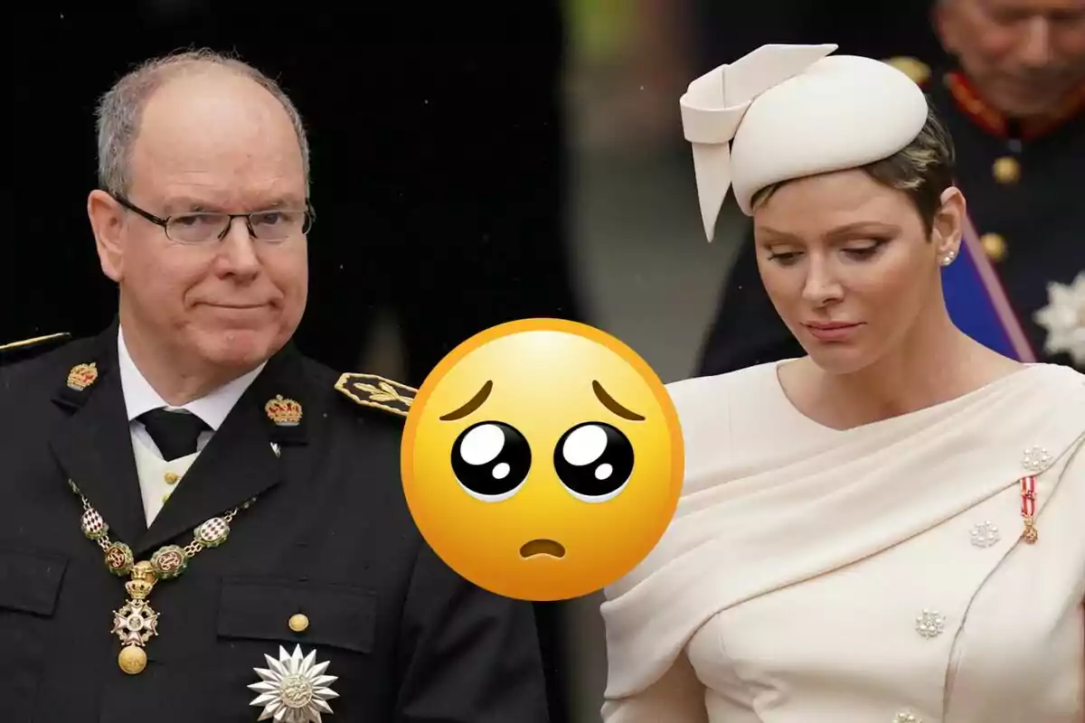 Una parella vestida formalment camina junta mentre un emoji amb expressió trista està superposat al centre de la imatge.