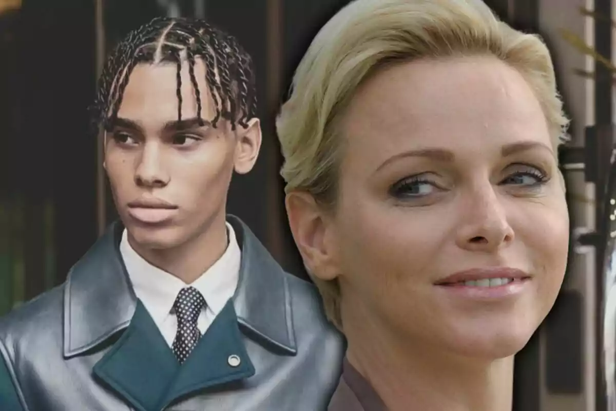 A young man with braids and a leather jacket next to a blonde woman with short hair and a smiling expression A young man with braids and a leather jacket next to a blonde woman with short hair and a smiling expression