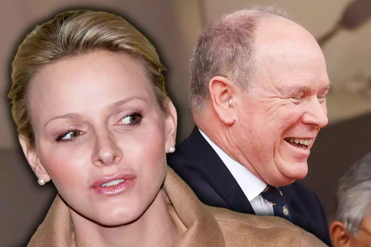 A blonde-haired woman looks to the side while an older man smiles broadly in the background.
