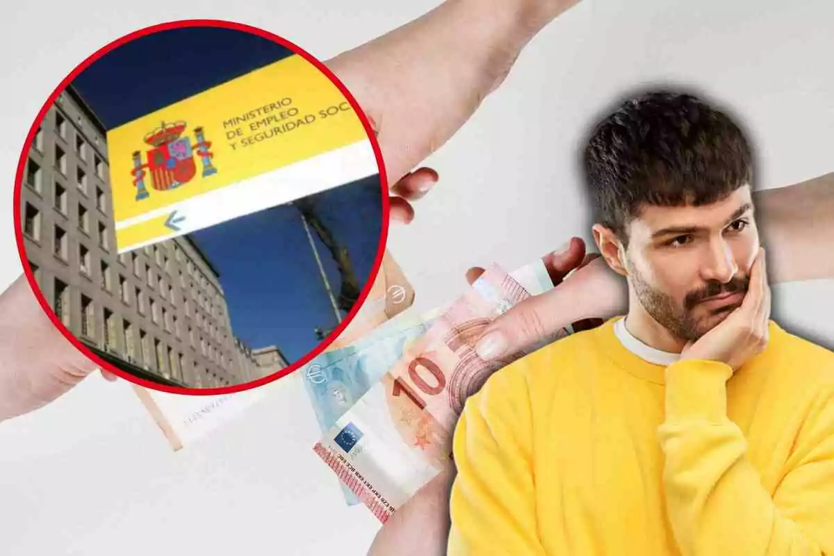 Fotomuntatge amb una imatge de fons de bitllets d'euro i al capdavant una rodona vermella amb la Seguretat Social i un home preocupat Fotomuntatge amb una imatge de fons de bitllets d'euro i al capdavant una rodona vermella amb la Seguretat Social i un home preocupat