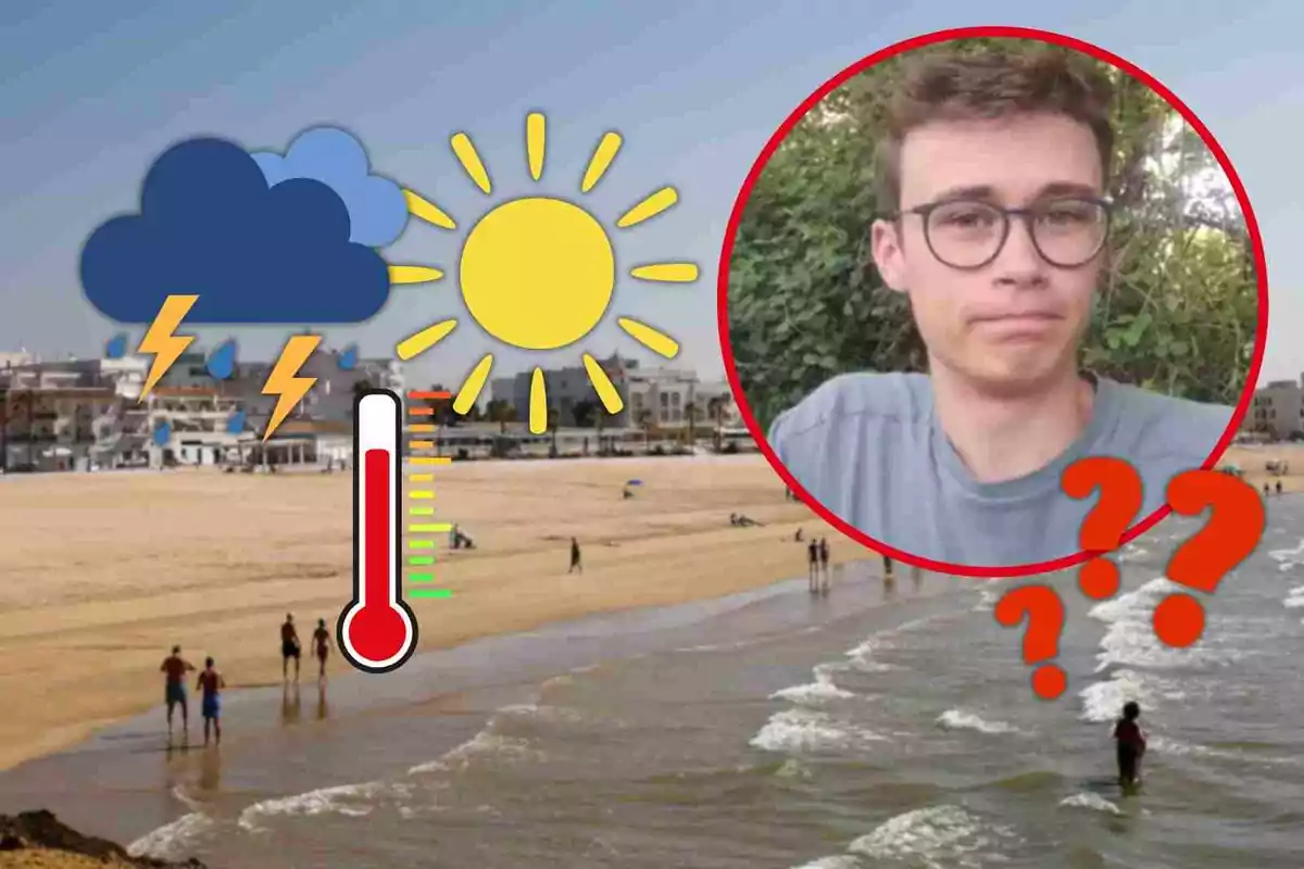Una imagen de una playa con personas en la orilla, un gráfico de clima con sol, nubes y rayos, un termómetro y un círculo rojo con la foto de un hombre con gafas y signos de interrogación. Una imagen de una playa con personas en la orilla, un gráfico de clima con sol, nubes y rayos, un termómetro y un círculo rojo con la foto de un hombre con gafas y signos de interrogación.