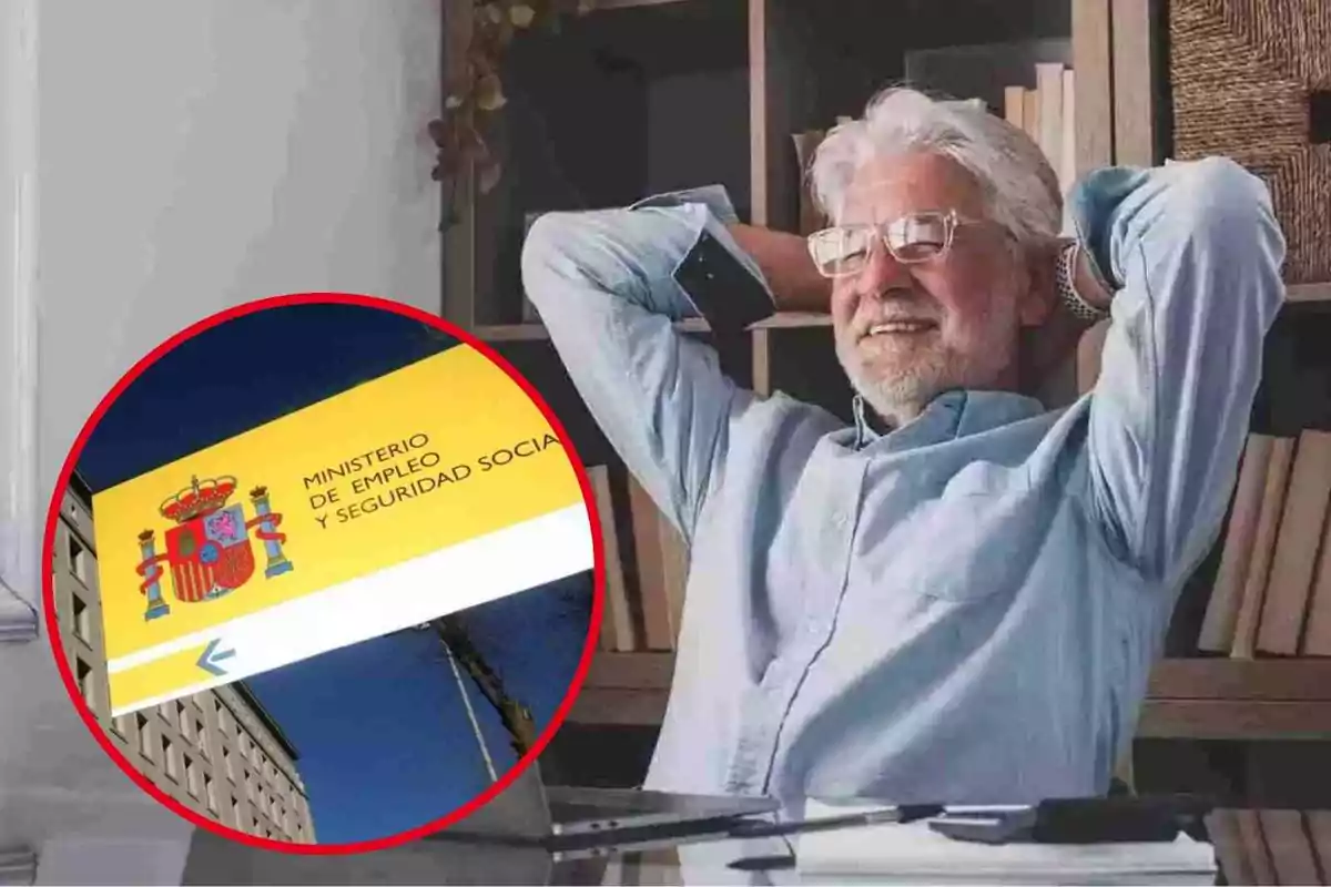 Un home gran somrient amb ulleres i camisa blava està assegut amb les mans darrere del cap, davant d'un ordinador portàtil, ia la cantonada inferior esquerra hi ha una imatge del rètol del Ministeri d'Ocupació i Seguretat Social d'Espanya. Un home gran somrient amb ulleres i camisa blava està assegut amb les mans darrere del cap, davant d'un ordinador portàtil, ia la cantonada inferior esquerra hi ha una imatge del rètol del Ministeri d'Ocupació i Seguretat Social d'Espanya.