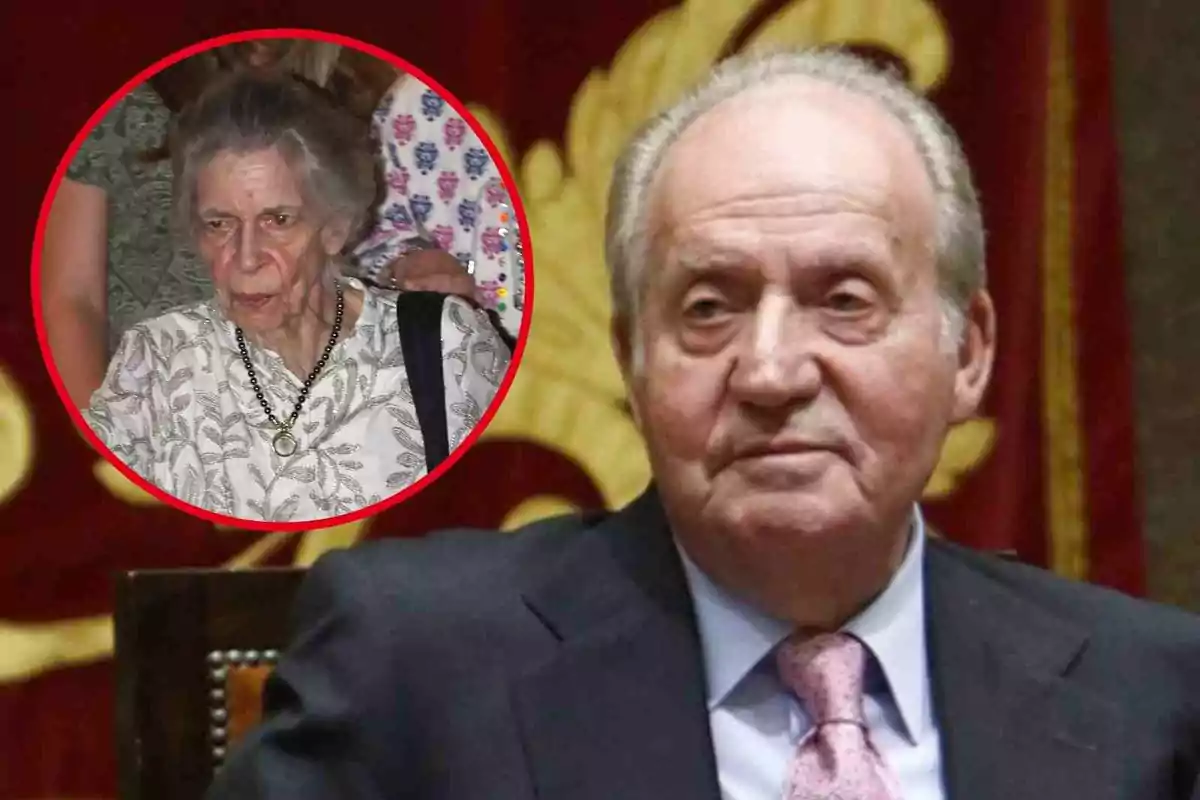 El rey emérito Juan Carlos I con traje y corbata aparece en primer plano mientras que en un círculo rojo se muestra a Irene de Grecia con cabello canoso y blusa estampada.