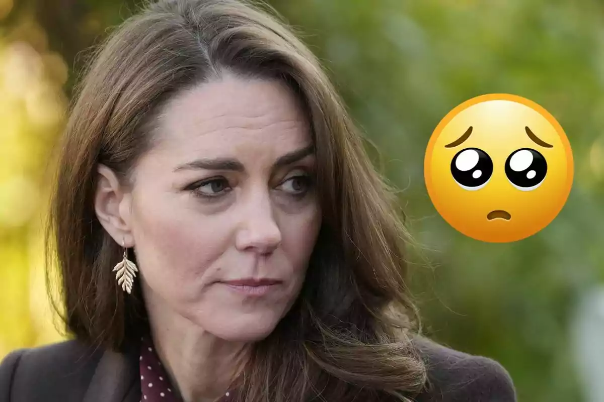Dona de cabell castany amb expressió seriosa i un emoji de carona trista al costat sobre un fons natural desenfocat