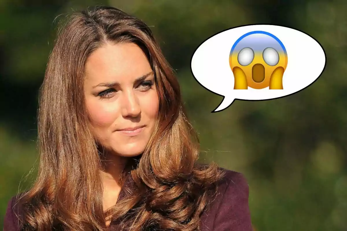 A woman with brown hair and a neutral expression has a speech bubble with a surprised emoji.