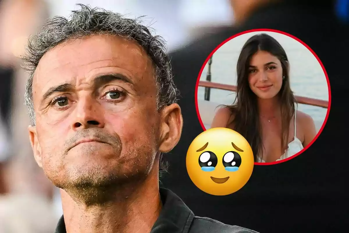 Hombre de expresión seria en primer plano con un recuadro que muestra a una joven sonriendo y un emoji de carita llorando superpuesto