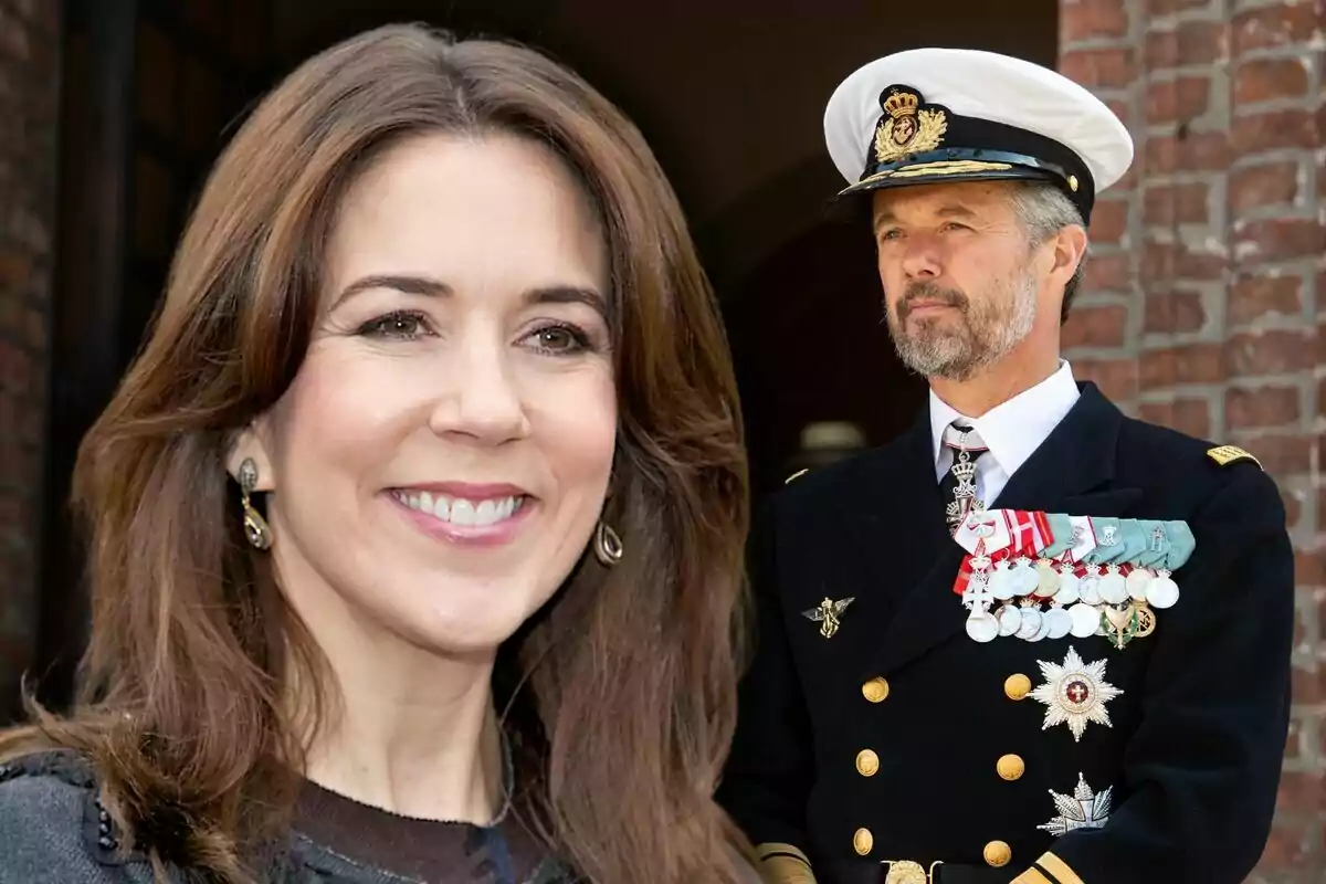 Una dona somrient amb cabell castany i un home amb uniforme naval i medalles.