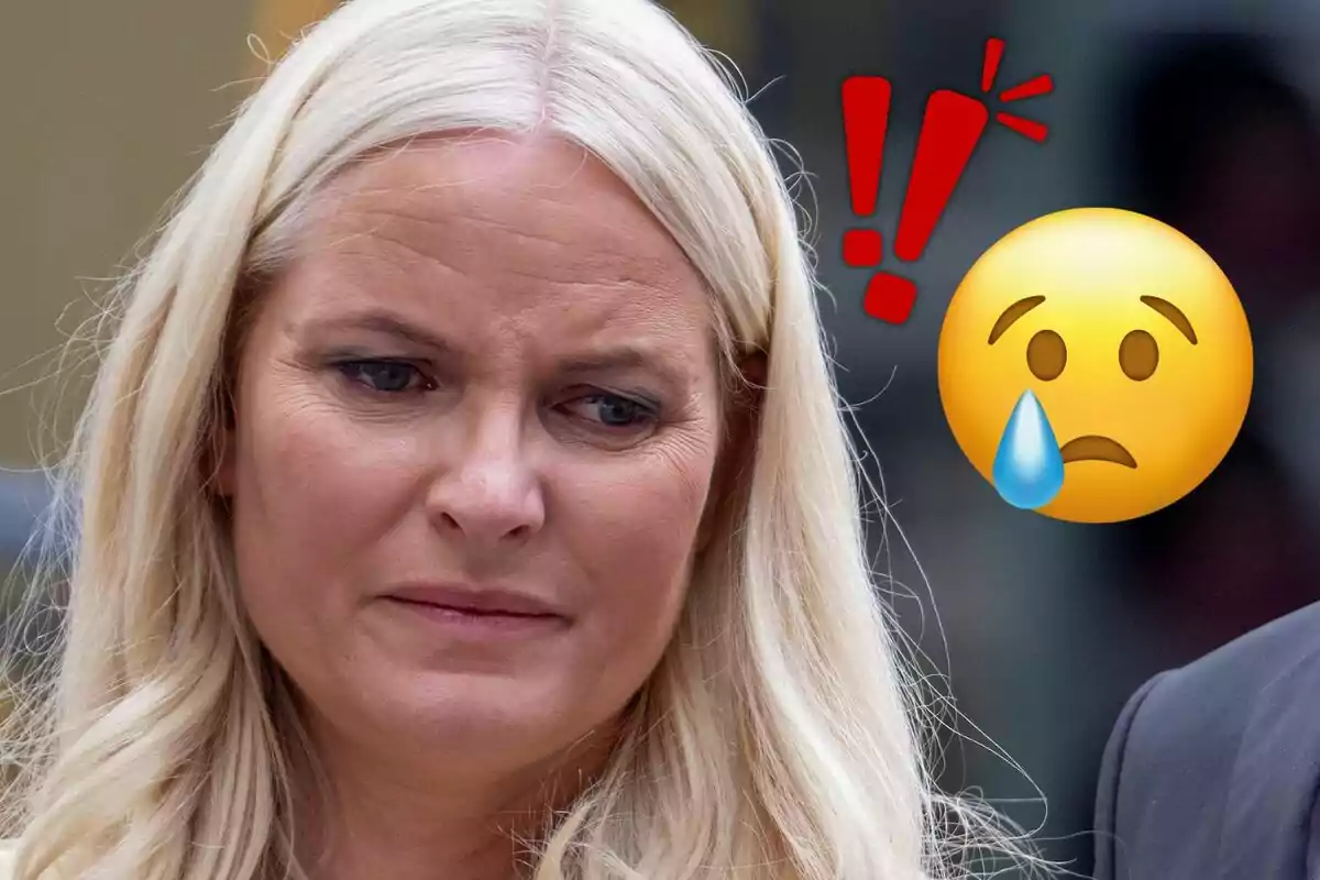 A blonde-haired woman with a serious expression next to a sad face emoji and red exclamation marks.