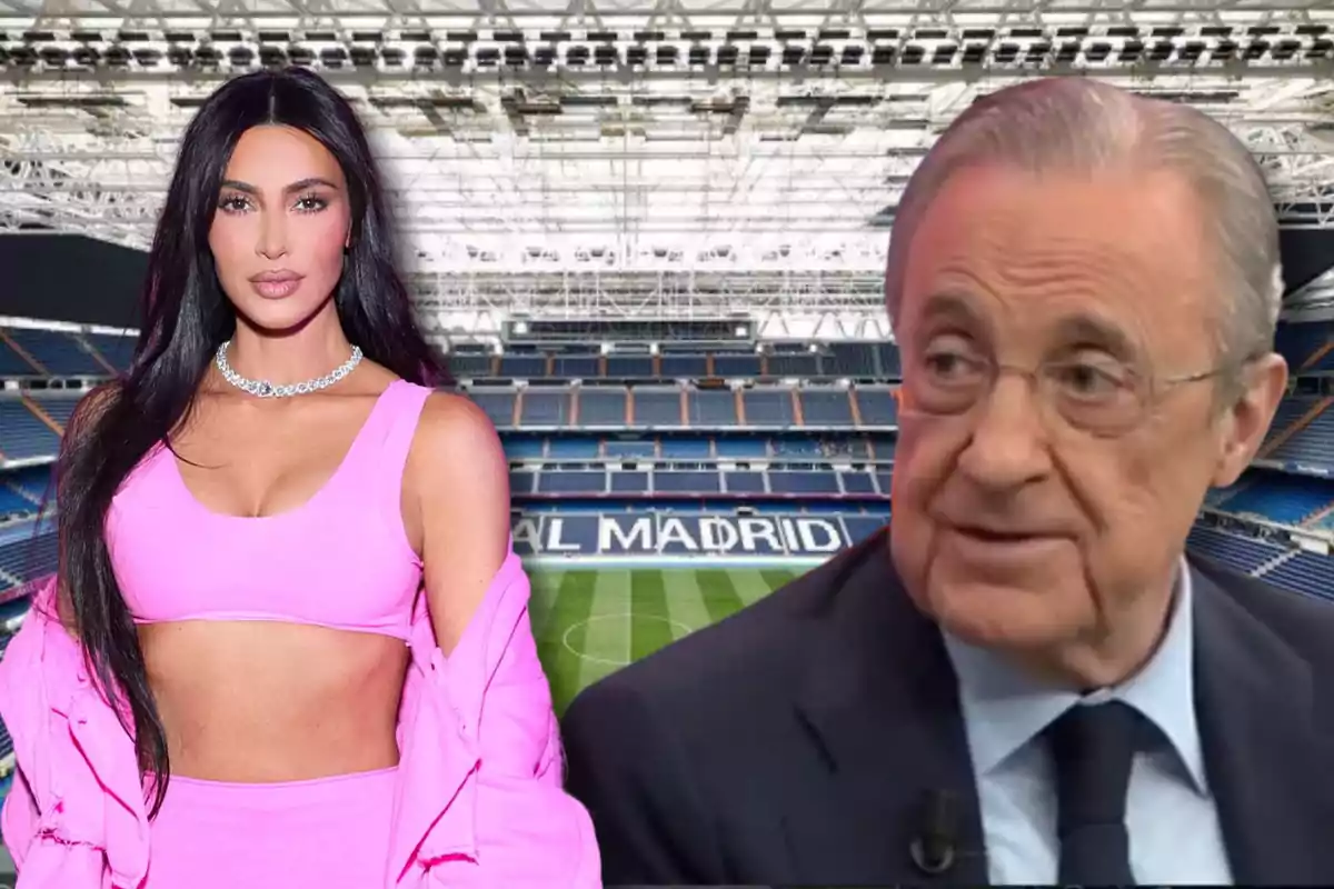 Una dona amb roba rosa i un home amb vestit estan en un estadi de futbol amb el nom "Real Madrid" al fons.