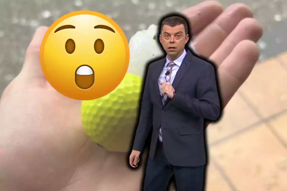 Un home sorprès apareix davant d’una mà que sosté una bola de golf i un gran tros de calamarsa, amb un emoji de cara sorpresa cobrint part de la imatge.
