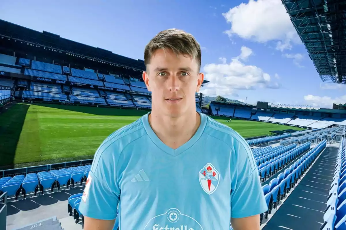 Franco Cervi, jugador del Celta de Vigo i l'estadi Abanca Balaídos de fons