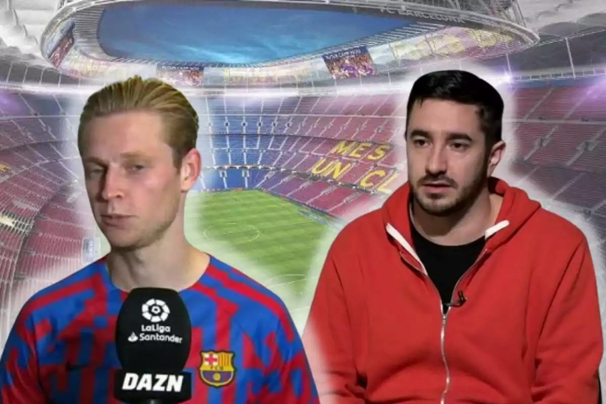 Dos personas frente a un fondo del estadio Camp Nou, una con camiseta del Barcelona y micrófono de DAZN, la otra con sudadera roja.