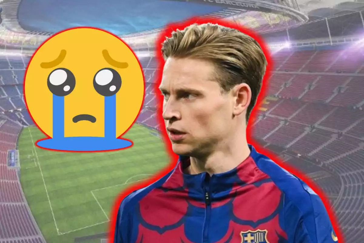 Un jugador de futbol amb una expressió seriosa està superposat sobre un estadi buit al costat d'un emoji plorant.