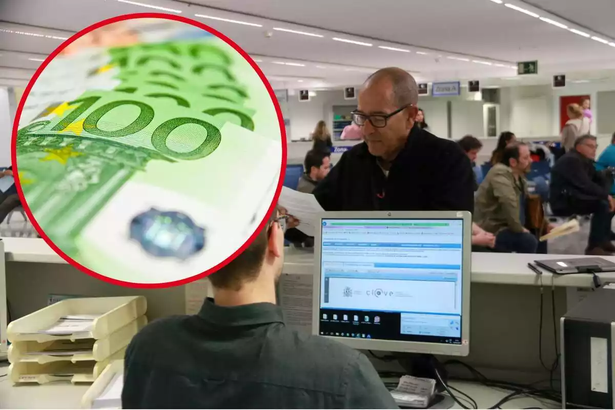 Muntatge amb una imatge d'un funcionari atenent un ciutadà i l'esquerra, dins del cercle, diversos bitllets de 100 euros