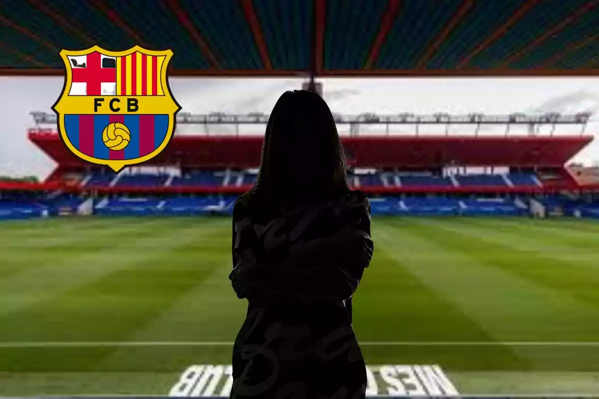 Muntatge amb l'estadi Johan Cruyff, una ombra negra d'una dona al centre i l'escut del FC Barcelona a dalt a l'esquerra