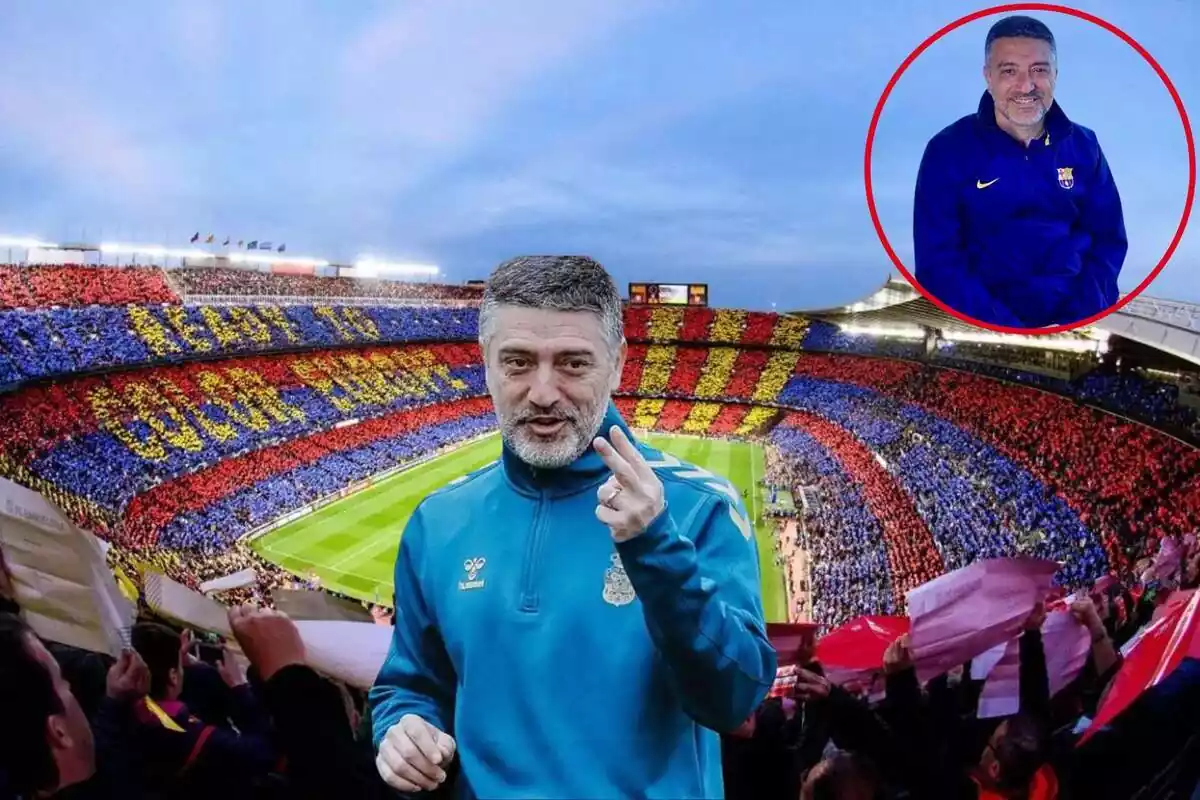 Muntatge del Camp Nou amb Francisco Javier García Pimienta al centre i un cercle a dalt a la dreta amb García Pimienta quan era entrenador del FC Barcelona