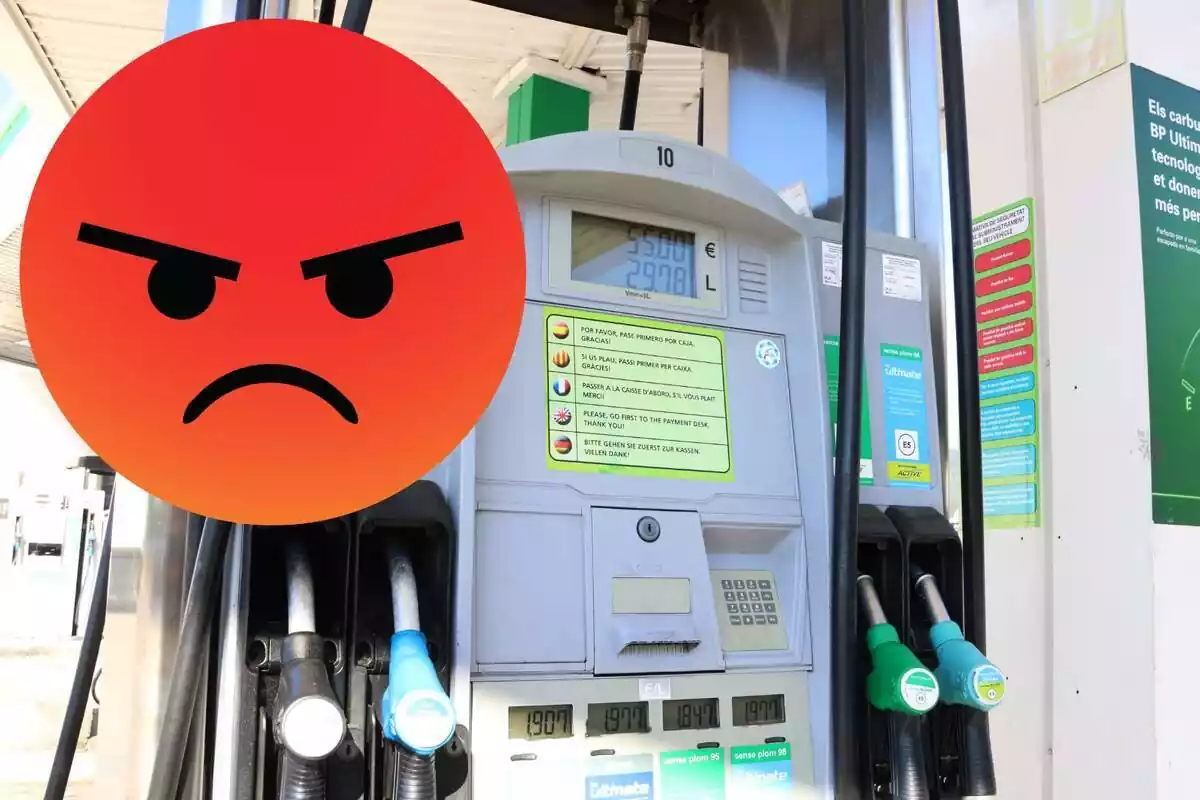 Muntatge amb un sortidor de benzina ia l'esquerra una emoticona amb cara enfadada