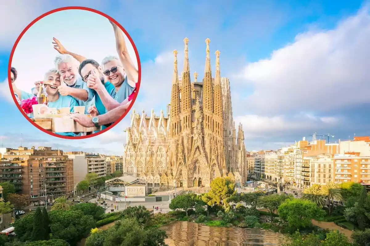 Muntatge amb una imatge de la Sagrada Família ia la cantonada superior esquerra, dins d'un cercle, persones menjant